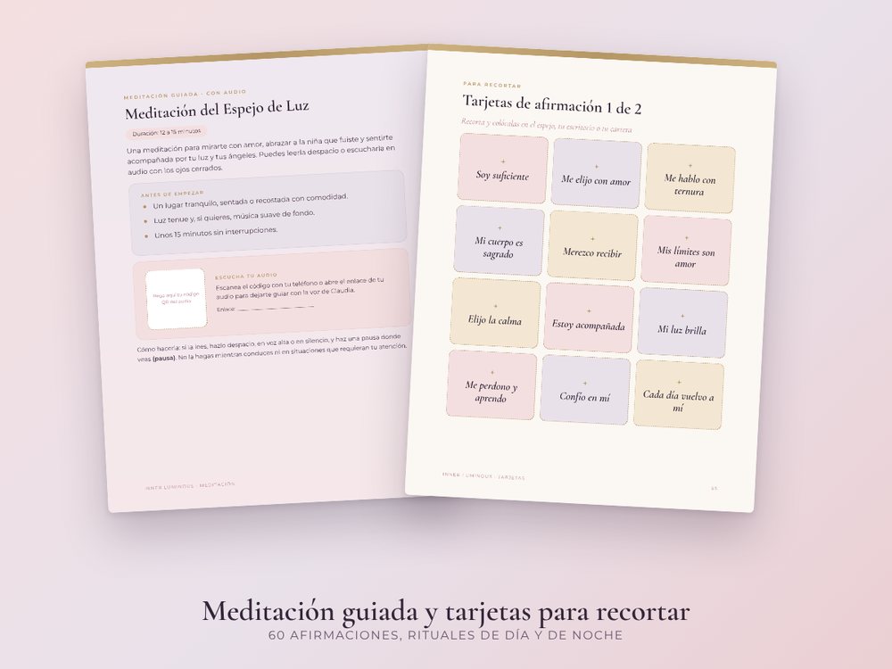 60 afirmaciones, 24 tarjetas para recortar y tracker de 30 días.