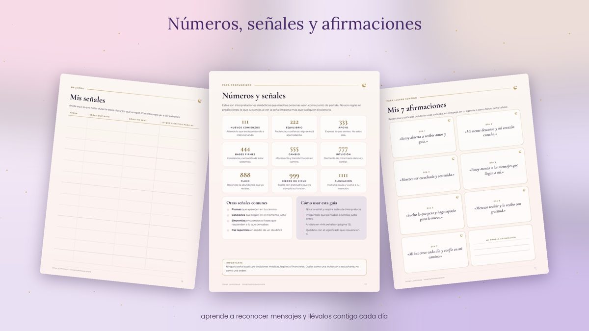 Guía de números y señales, registro personal y afirmaciones para recortar.