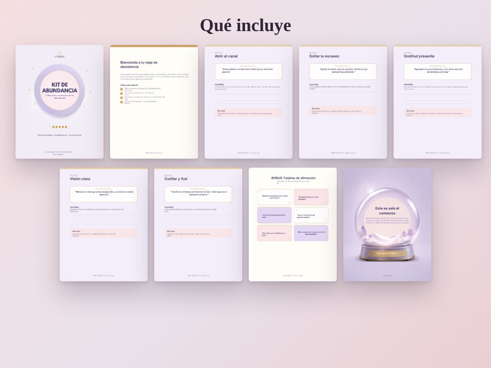 9 páginas: bienvenida, 5 días de práctica, tarjetas de afirmación y cierre.
