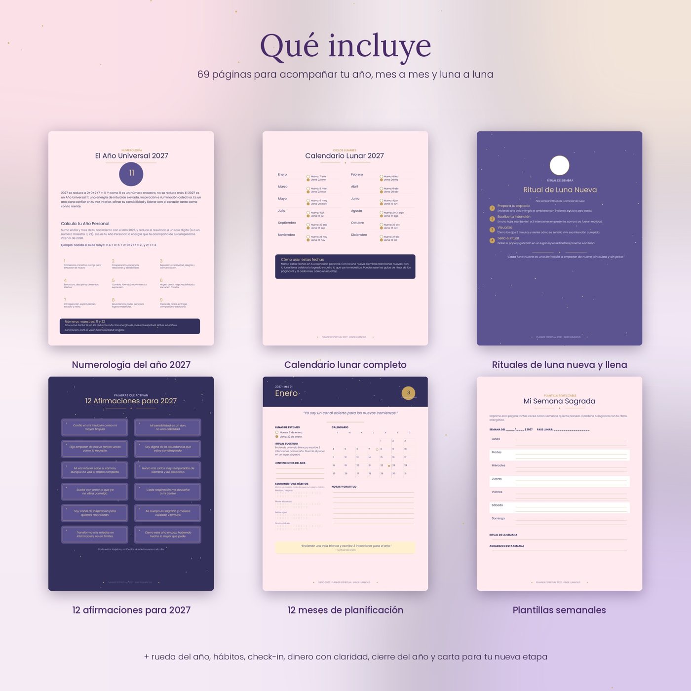 Seis páginas del planner: Año Universal 2027, Calendario Lunar, Ritual de Luna Nueva, 12 Afirmaciones, enero y Mi Semana Sagrada.