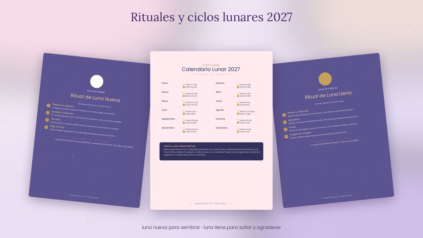 Calendario lunar 2027 con las páginas de Ritual de Luna Nueva y Luna Llena.