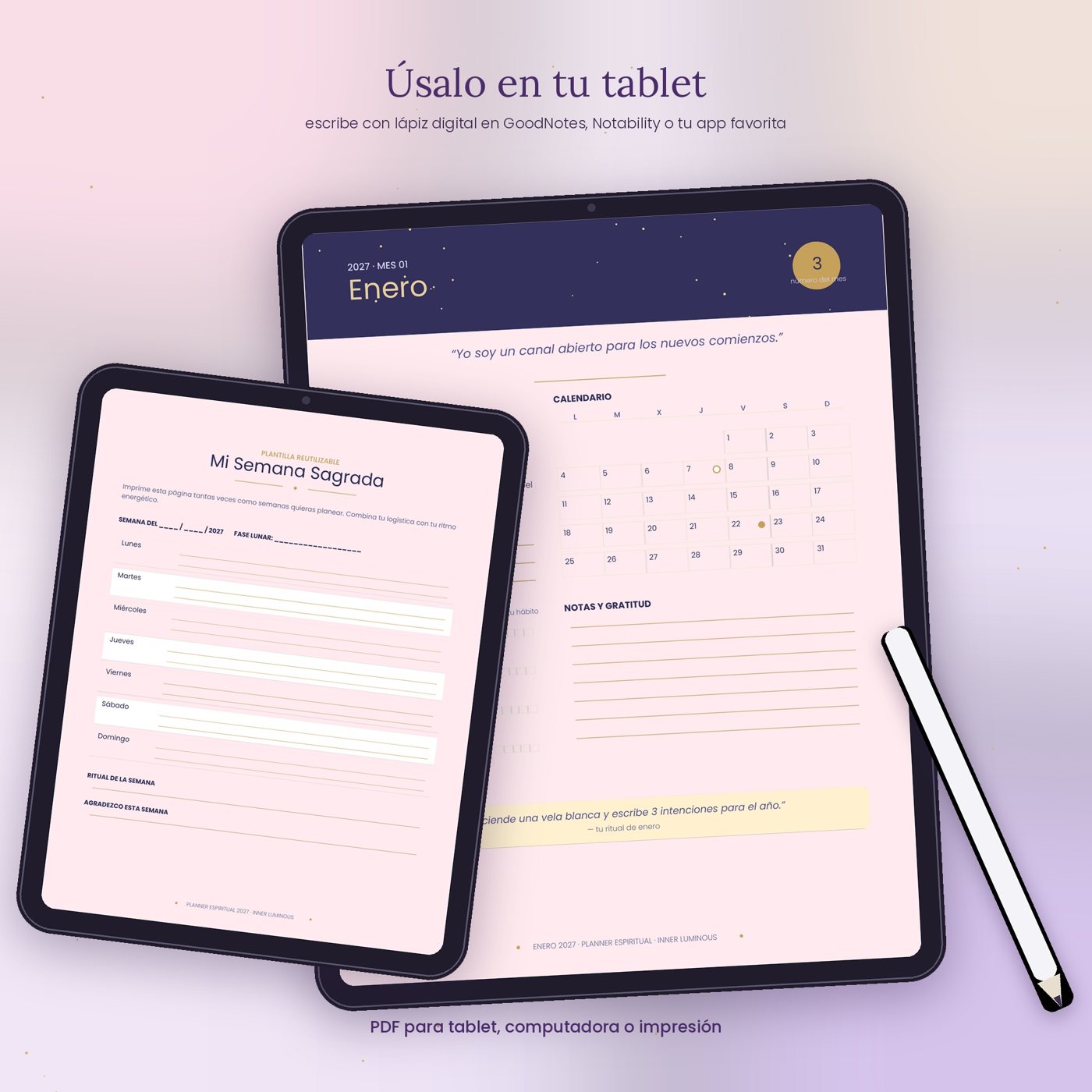 Dos tablets mostrando las páginas de enero y Mi Semana Sagrada del planner espiritual 2027 con un lápiz digital.
