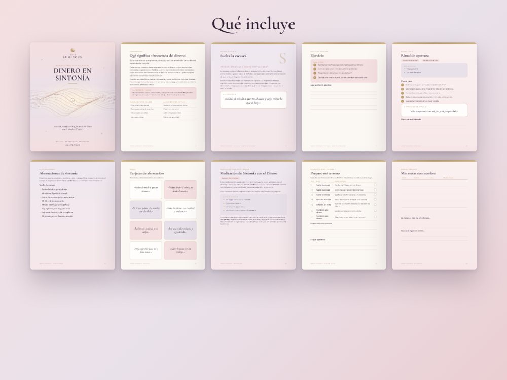 Qué incluye: método de 5 pasos, rituales, afirmaciones, meditación y plan de 14 días.